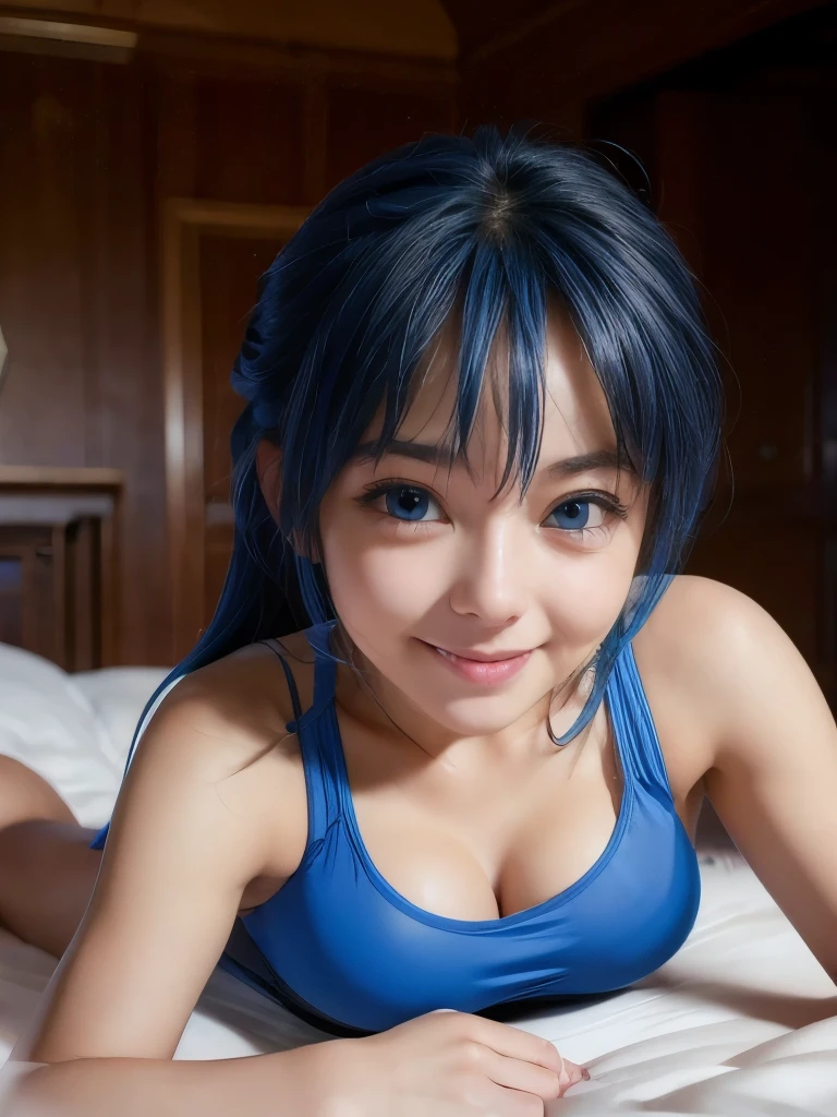 ((masterpiece)), ((best quality)), (ultra-detailed), on the bed, a cute girl, 1girl, solo, sports bra,underwear00, ((beautiful eyes)), beautiful blue hair, smile,