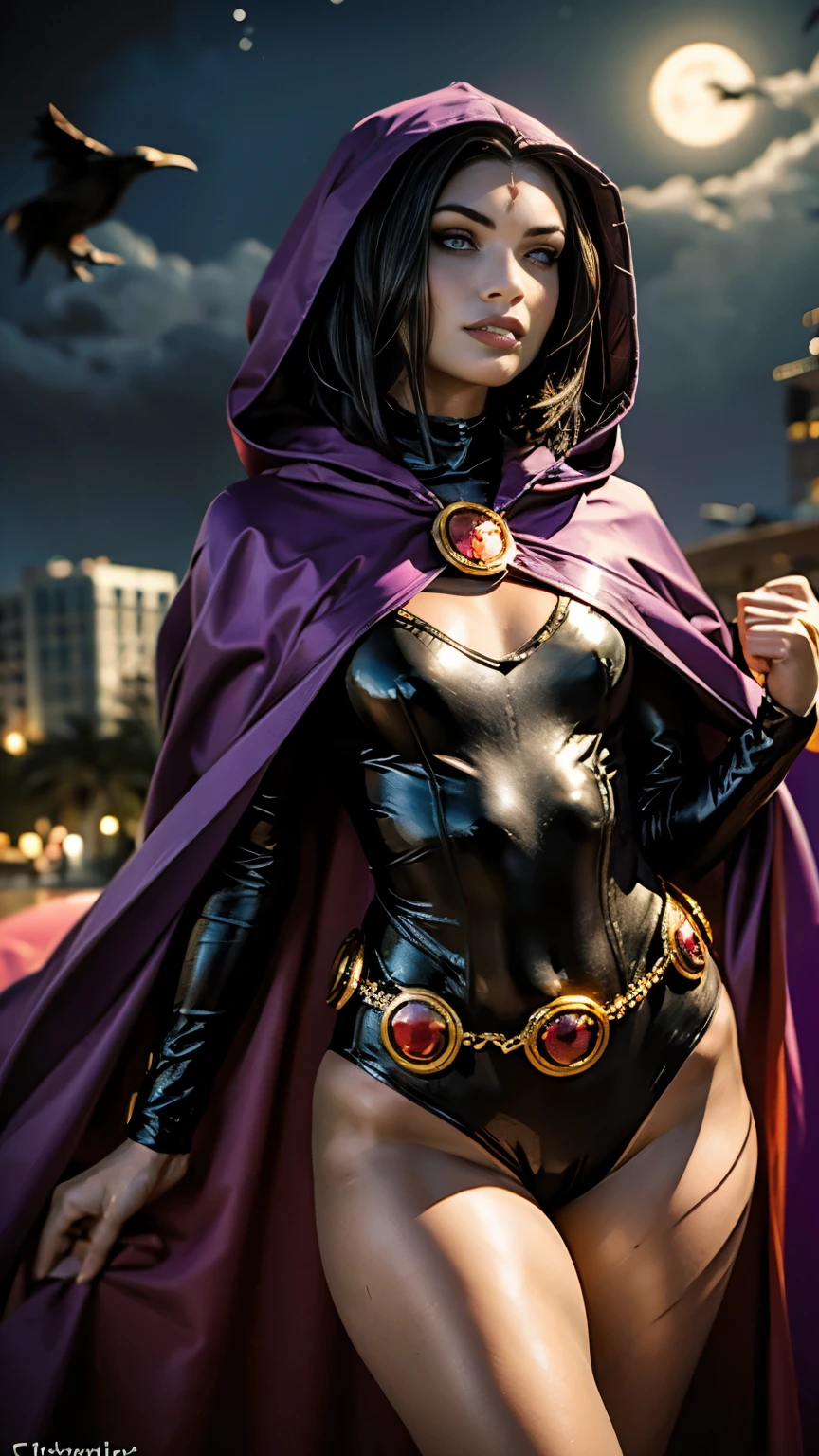 illustration of Raven from DC Comics,(megan fox ), Raven, turtleneck, Black leotard, Black cape, hood, purple hair, forehead jeEmel, purple eyes, short hair, Belt, tight skin, standing, cleavage, toned, pose, night , moonlight, ((posing)), movement lines, torso, upper body, portrait, B&Em. contour, in anime tarot card art style, elegant, glamorous, reflection, shine, shading, pantyhose 40 dinier, small

