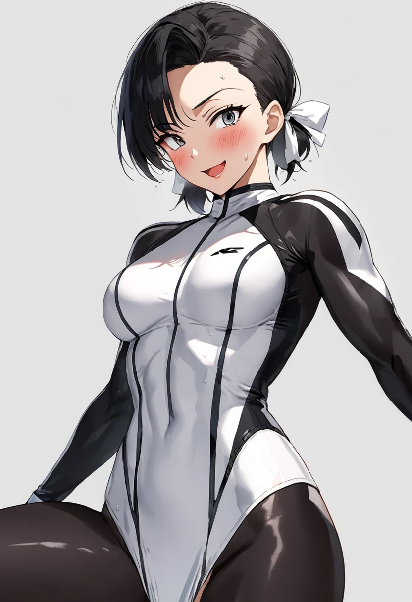 masterpiece, Best Quality, High resolution,16k,super detailed skin, (Videl),1990s \(style\),C cup beautiful breasts、height: 160cm,Sweating all over the body,athlete Muscular,sexy,1 girl,solo,Anime-style painting style,black short hair,low twintails hair,center parted swept bangs,forehead,boyish,Big eyes、Cool look,Pointed Eyes,(black racequeen costume:1.5),Muscular,1girl、BRAKE(ahegao:1.2),(Vulgar:1.2),(So stupid:1.1),(orgasm:1.2),happy,smile、Shy、Shyness,Cool look,blush,Anime-style painting style,(closeup),gigantic scale,A composition that shows the full body,cinematic lighting,Superfine,(simple white background:1.5)、(sexy:1.5),Gazing into the distance,, Captivating look, (Amazing views:1.1) ,dynamic angle,sexy pose,