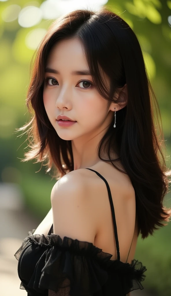 A cinematic portrait of a young East-Asian woman with shoulder-length, softly wavy black hair that falls naturally around her face. The hair has a healthy shine, catching the soft, diffused light, and a few loose strands fall gently over her cheek, adding a touch of realism and movement. Her eyes are almond-shaped with deep brown irises, holding a soft, introspective light. She gazes over her shoulder with a neutral expression, hinting at subtle curiosity.

She wears an elegant, off-the-shoulder black dress with delicate ruffles along the neckline and sleeves. Thin straps accentuate her collarbones, and she has a pair of simple, dangling earrings that catch the light for a subtle touch of sparkle.

The background is softly blurred, showing hints of lush, green foliage that suggests a peaceful, outdoor setting. The late afternoon sun bathes the scene in a warm glow, creating gentle shadows and highlights that contour her face and enhance the texture and movement of her hair. The color palette is balanced, emphasizing the warm tones of her skin and the natural greens of the environment, creating an overall harmonious and serene composition.



