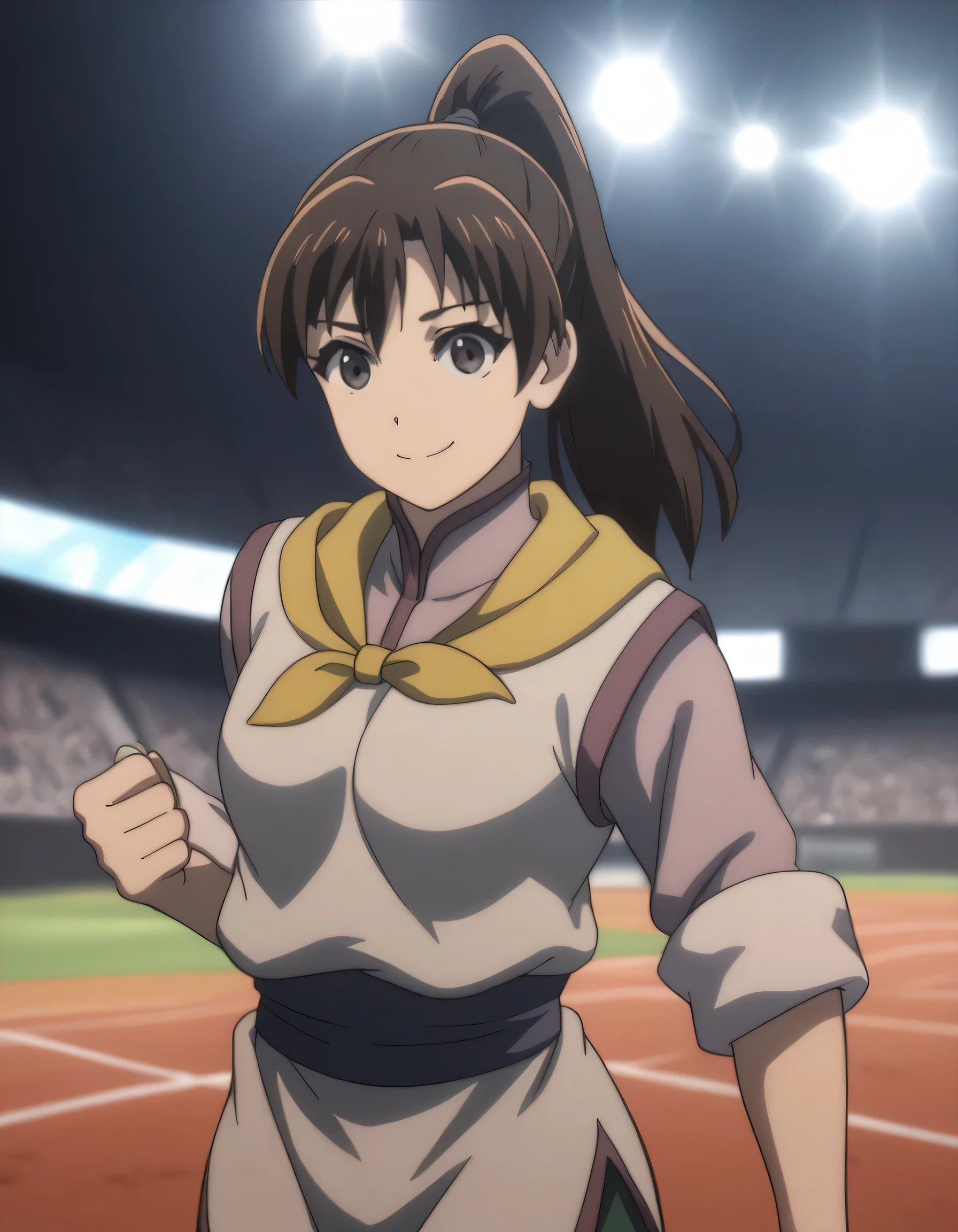 score_9, score_8_up, score_7_up, gsfghtr, multicolored robe, neckerchief, 1girl, smile, ((unponytail)), ((remove ponytail)), ((hair not tied)), ((straight hair)), arena