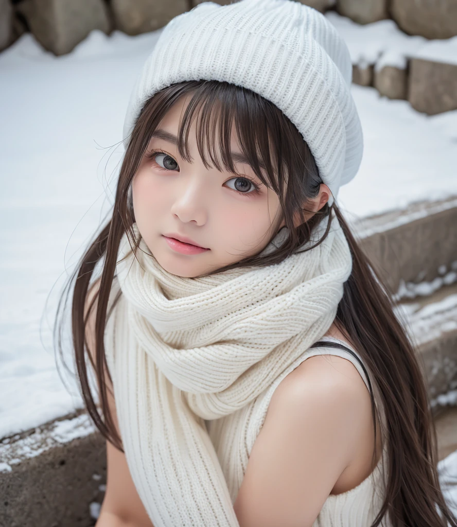   famous Japanese idol  ,  ****,  white sweater, white knitted hat , White scarf,    sleevelessセーター ,  sleeveless,   long brown hair , With bangs, White and beautiful skin,  very cute girl sticking out her tongue on the stairs ,  baby face ,Round face,  large droopy eyes  , Drooping eyebrows, slender,  nice soft, fluffy smiles, マイナス5℃のExtreme coldのスキーゲレンデ, gravure photo shoot ,Extreme cold,Bare Arms, thrilling in arms  ,  My arms were exposed to the cold 、thrilling , masterpiece,  , super high definition,  anatomically accurate , 16k,  RAW photos from the last century,   Realistic Skin Textures  ,The focus is ,   professional photos 