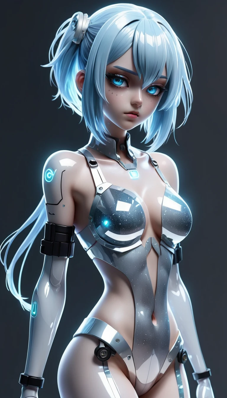 3d anime,future,cyberpunk,transparent,light blue hair,white,glitter,silver,3d anime,full body