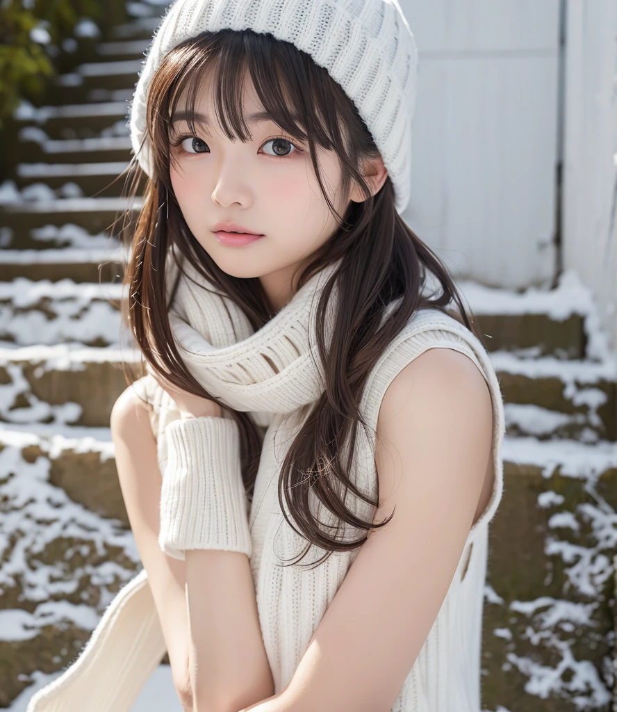   famous Japanese idol  ,  ****,  white sweater, white knitted hat , White scarf,    sleevelessセーター ,  sleeveless,   long brown hair , With bangs, White and beautiful skin,  very cute girl sticking out her tongue on the stairs ,  baby face ,Round face,  large droopy eyes  , Drooping eyebrows, slender,  nice soft, fluffy smiles, マイナス5℃のExtreme coldのスキーゲレンデ, gravure photo shoot ,Extreme cold,Bare Arms, thrilling in arms  ,  My arms were exposed to the cold 、thrilling , masterpiece,  , super high definition,  anatomically accurate , 16k,  RAW photos from the last century,   Realistic Skin Textures  ,The focus is ,   professional photos 