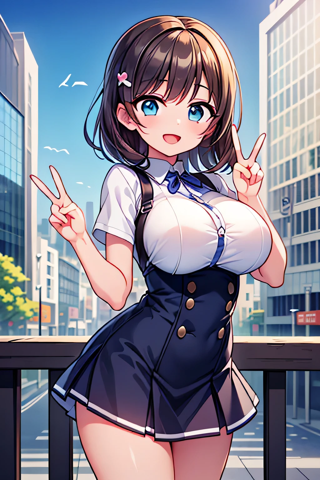 Best quality, high resolution, detailed background, (detailed eyes: 1.2),(Normal number of fingers: 1.4), (Large breasts: 1.3),An illustration of the main characters from Love Live! Superstar!!, standing together in a lively cityscape, with vibrant expressions and school uniforms, detailed backgrounds showcasing a modern city environment, bright colors, and dynamic poses that convey youthful energy.(peace sign:1.3)