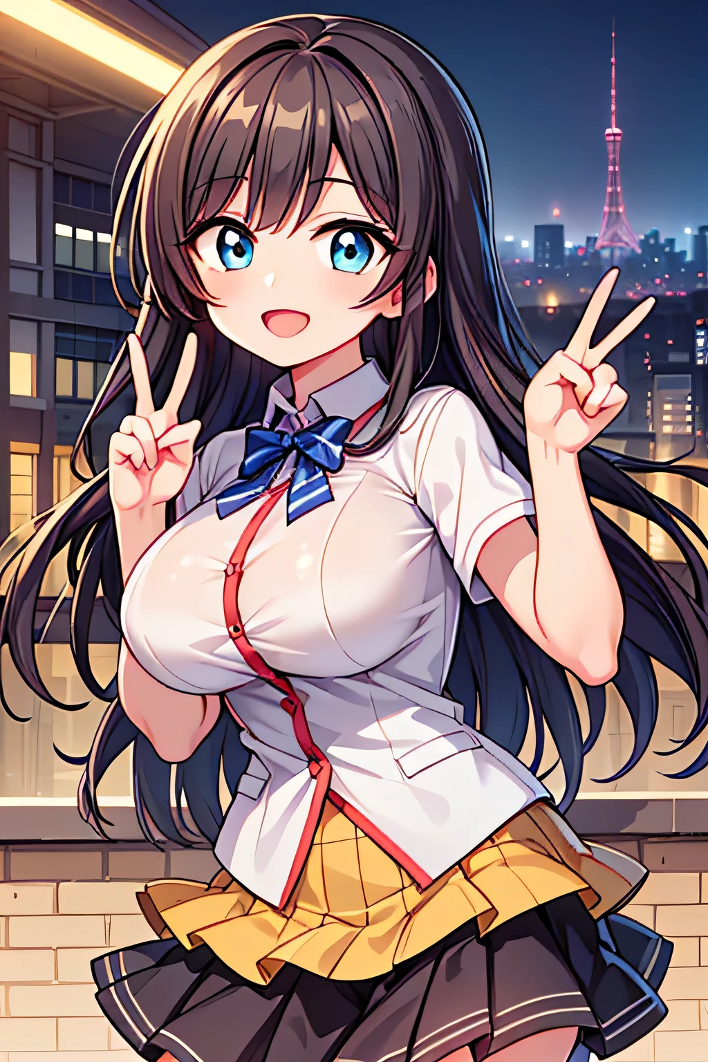 Best quality, high resolution, detailed background, (detailed eyes: 1.2),(Normal number of fingers: 1.4), (Large breasts: 1.3),An illustration of the main characters from Love Live! Superstar!!, standing together in a lively cityscape, with vibrant expressions and school uniforms, detailed backgrounds showcasing a modern city environment, bright colors, and dynamic poses that convey youthful energy.(peace sign:1.3)