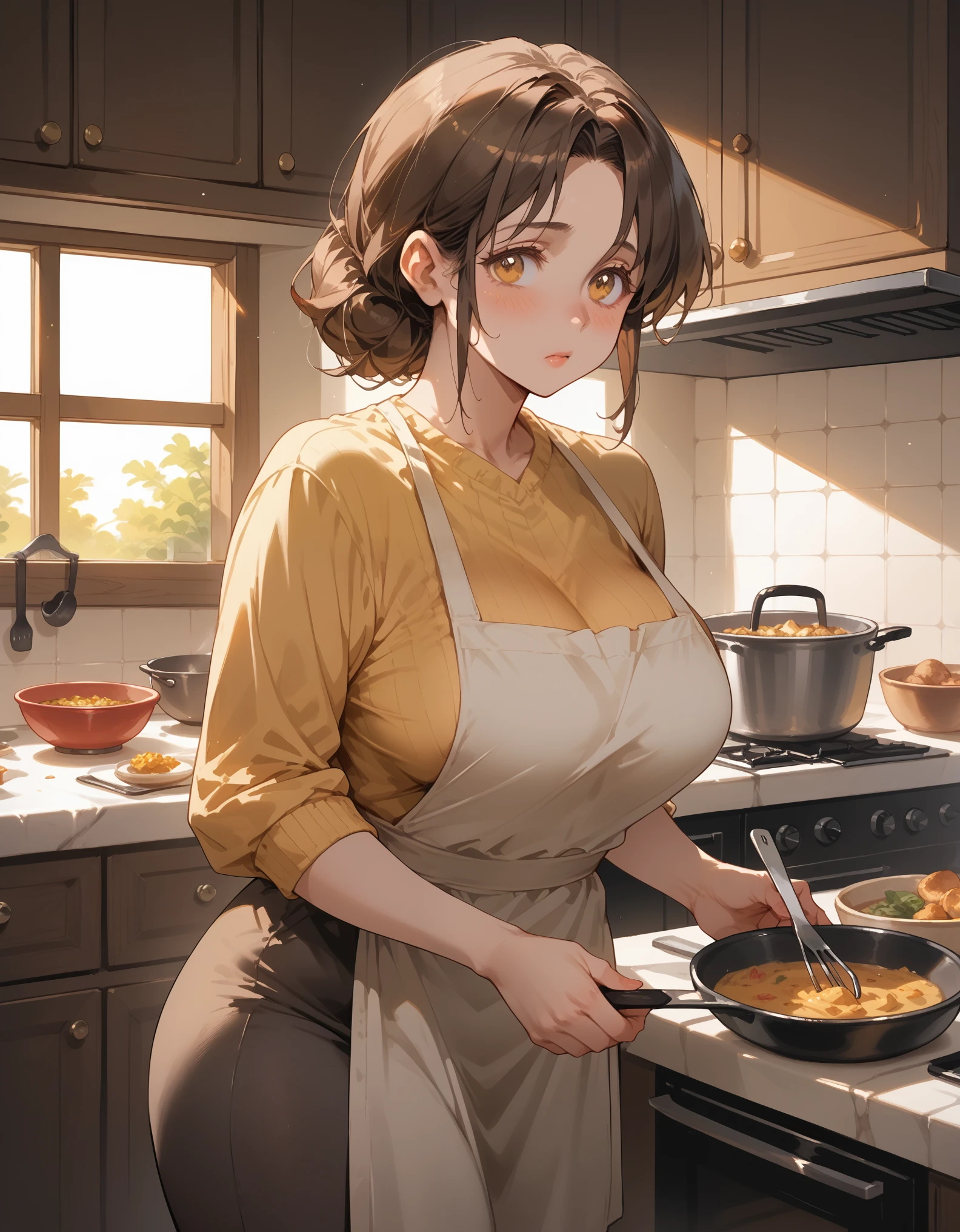 A mature woman with brown hair, amber eyes, big breasts, thick thighs, housewife, preparing dinner, cooking, kitchen, warm light, afternoon, shy gaze, adorable