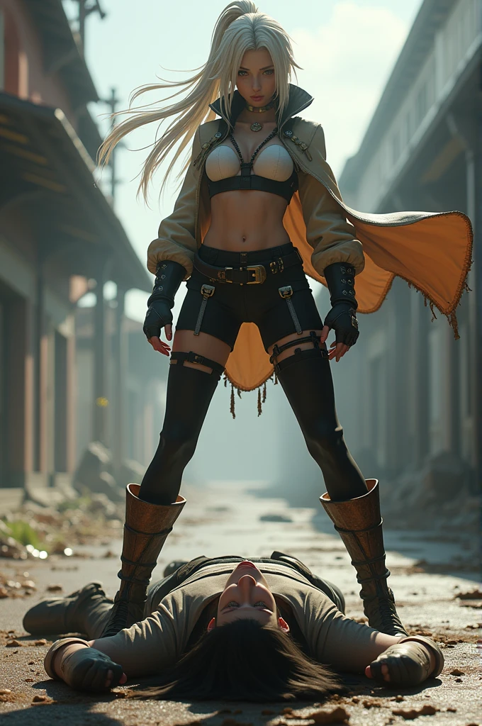 (((mulher))), (((melhor qualidade))), (((obra prima))), (((adulto))), (((1girl))), ((( de costas ))), ((( corte de cabelo bob ))), Uma gladiadora cyberpunk mulher de 25 anos com corpo perfeito, ((( Back view ))), ((( butt ))), shoulder pads with metal spines, Gladiadores do Brooklyn, (( corte de cabelo bob )), tiny leather panties, camiseta de time de rugby rasgada, quase nua no estilo selvagem urbano de Simon Bisley para a capa da revista Heavy Metal, Cabelo loiro curto, Minimum clothing, Metal protection on the left arm with intricate graphics, Dark red with white stars and white and navy blue checkerboard pattern, armadura, cheio de pontas e rebites, (((do joelho pra cima))), cabelos loiro branco curto, no fundo uma parede pintada por Shepard Fairey com um design intrincado