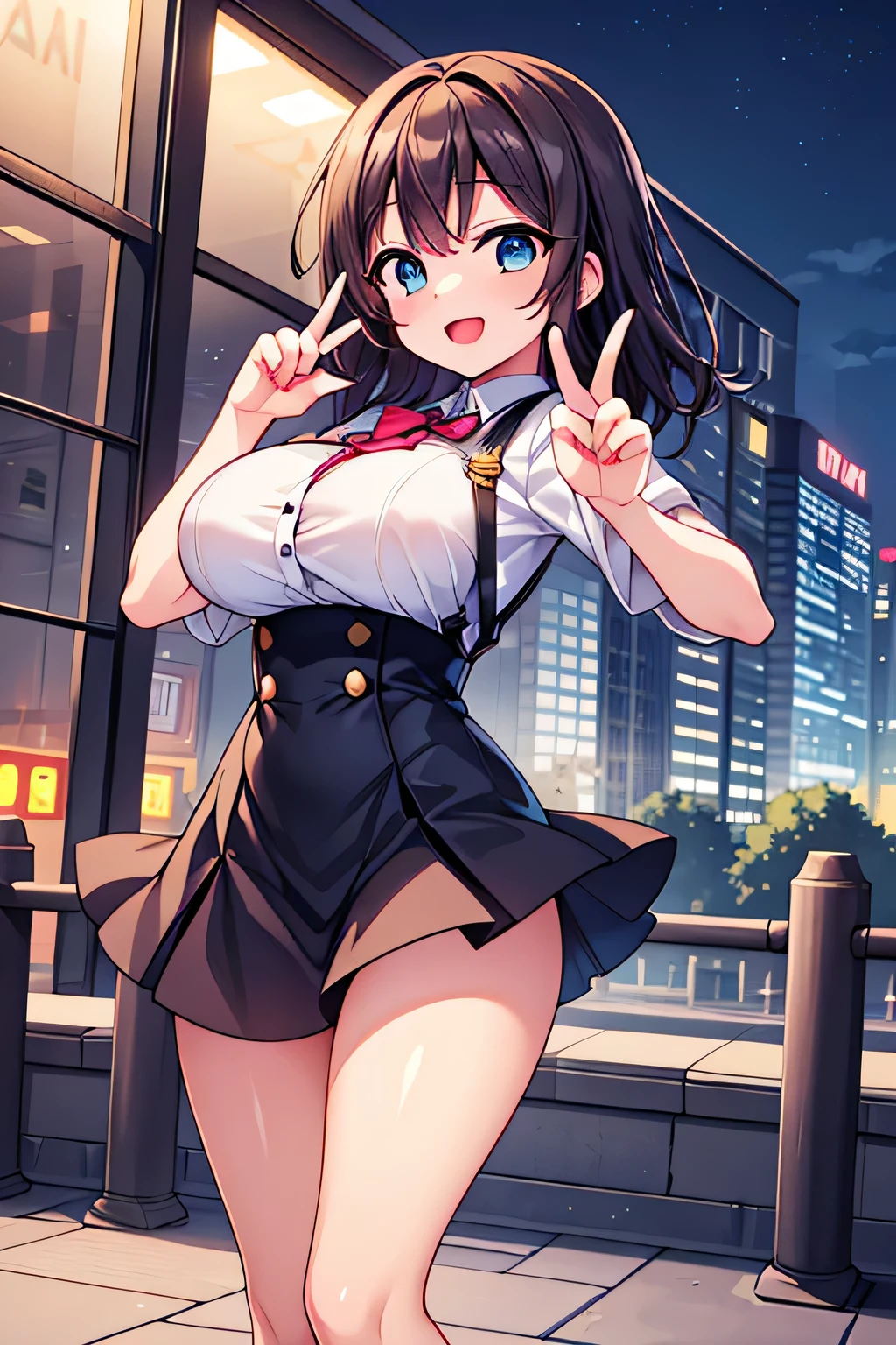 (best qualtiy)、8K、masterpiece、big breasts thin waist、skinny limbs、Chest protruding from open chest、very big boobs、爆乳、huge-breasted、very massive udder、is showing off her with open legs in the city、radical、sixteen years old、full bodyesbian、Anatomically correct body、shinny skin、Brown hair、abdominals、Leg muscles、Short pleated skirt、a sailor suit、Loose Socks、Sloppy face