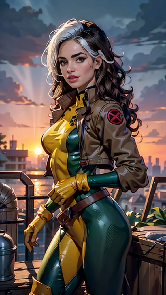Emily Bett Rickards、Wet、full body figure, long hair, brown hair, green eyes, lipstick, compensate, lips,Emphasize cleavage、 sexy、White stripes in hair, like, wavy hair, messy hair, curly hair, middle～big breasts, Surface Plot, ((Kelli Berglund:Bailee Madison:0.5)), 黄colorのスーツ, Jacket, gloves, belt, gloves amarillos, Green Suit, (body suit:1.4), Traje multicolor, (superhero:1.4), tight skin, Ropa multicolor, Garden and wisteria background, official art, extremely detailed CG 8k wallpaper, perfect lighting, De color, bright_amount_method_light, piel bright, (masterpiece:1.0), (Better_quality:1.0), ultra high resolution, 4k , Super detailed, director of photography, 8k, HDR, Altas Resolightones, (disorganized:1.2), kodak portrait 400, film grain, blurred background, (Bokeh:1.2), Lens flare, (lively_color:1.2), professional photography, (beautiful_method:1.5),More detailed 8K.unreal engine:1.4,Hmm,La Better calidad:1.4, realistic:1.4, skin temperature:1.4, masterpiece:1.8,masterpiece, Better calidad,object object], (detailed facial features:1.3),(Antesedentes apocalyptic destroyed city:1.4), (Apocalyptic Sunset:1.4)