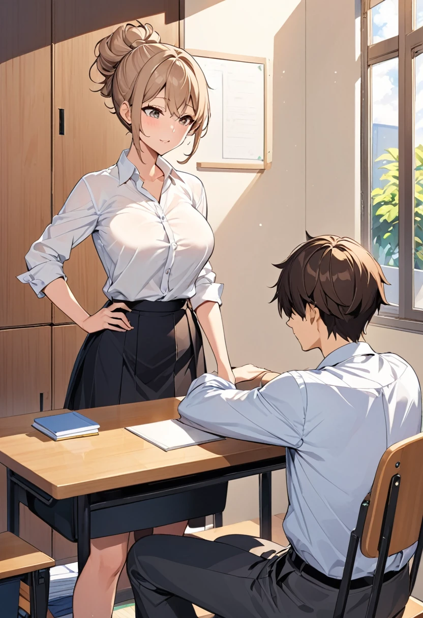 adult female 1 ,  Male student's extracurricular class scene . Small room, table,  Clean and tidy style , Tidy clothes , comfortable blouse and suit skirt,  short, light brown hair up to the shoulders, Tied hair, big breasts, 