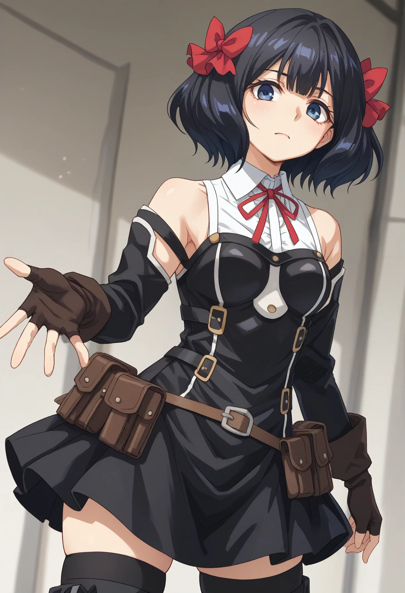 TinoShade
medium hair, black hair, blue eyes, hair bow, red bow
white shirt, collared shirt, neck ribbon, red ribbon, harness, grey dress, black dress, detached sleeves, brown gloves, fingerless gloves, brown belt, belt pouch, black thighhighs