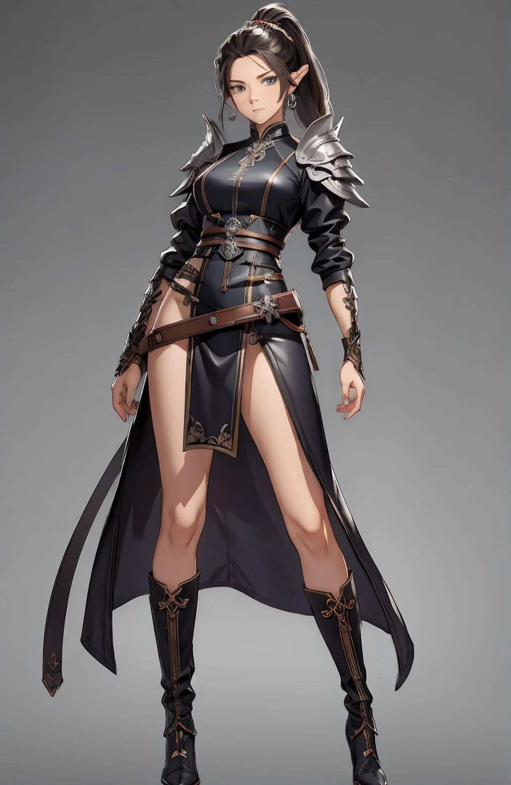 ((masterpiece, best quality)),concept art, woman,, Detailed face，pointed ears, full body details, full of details, Very detailed, depth, many parts, White single ponytail，Ranger。beautiful woman, muscular body, leather armor，Sackcloth clothes, leather bags，belt。（Blade and Soul style）High heel,jewelry, braid, earrings,White background，standing posture。