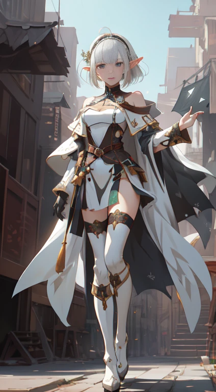 ((photo by full body, standing, Feet on the ground))(((masterpiece, best quality))),  (elf), (1girl), solo,  Bob cut hair, Blunt bangs, (hair between eye), white hair，(beautiful detailed face:1.2)，((White Kirin armor))，big breast, long black glovelack pantyhoses， standing with white boots, art style by Artgerm, by Kawacy, By Wadim kashin