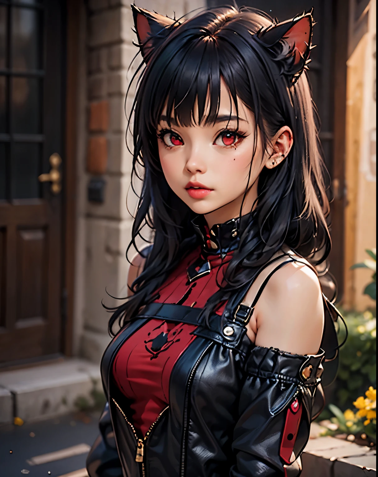 ( The best quality, masterpiece ), ( Beautiful and aesthetic:1.2), vibrant colors throughout your personality, onahole without legs , onahole without arms ,( Headless hole :1.4), flesh in an extremely detailed hole, more detailed, centered, RAW Photo, DSLR camera , Foto-realista, photorealistic , black hair, cat ears, fringe, cat ears, red eyes
