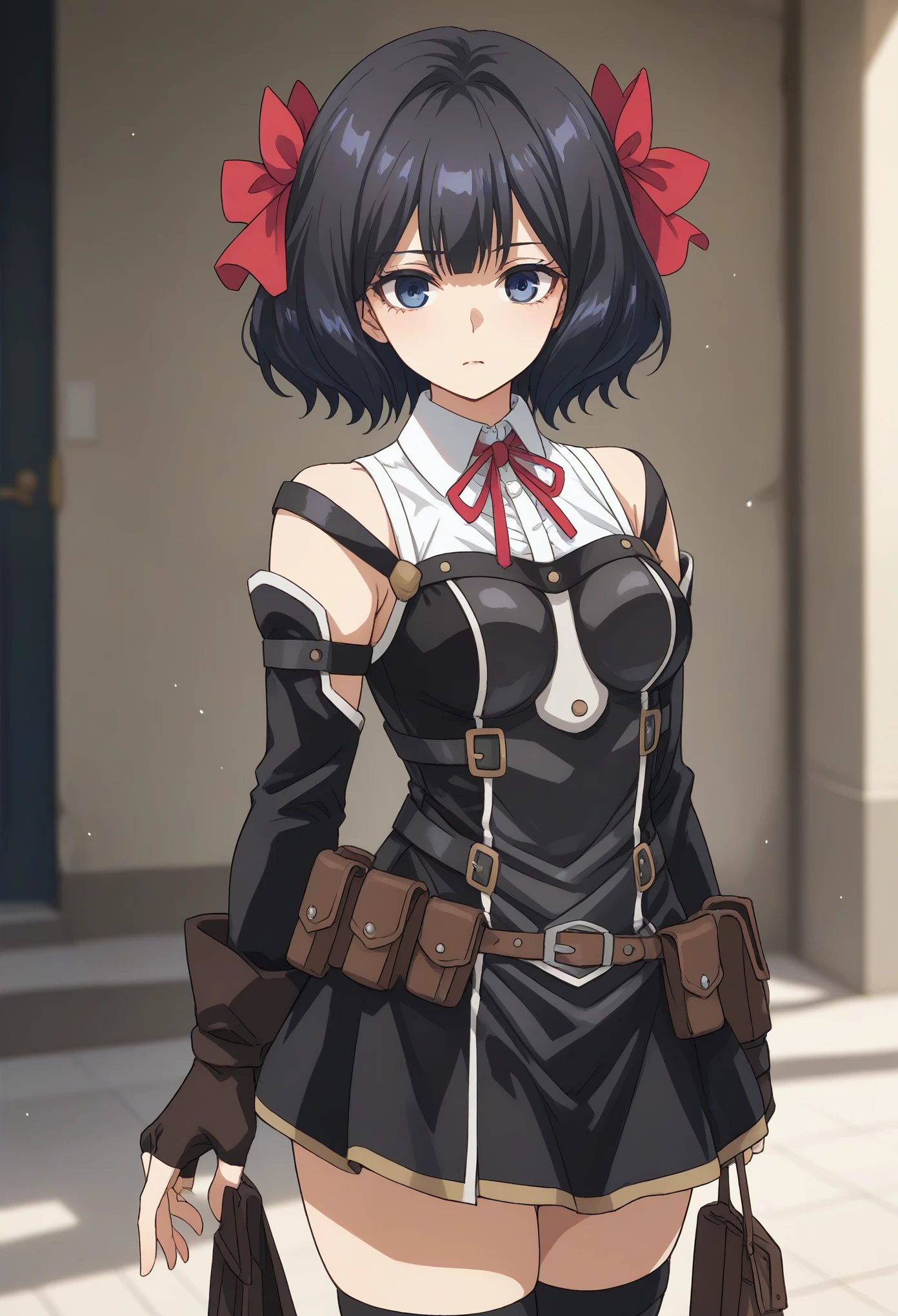 TinoShade
medium hair, black hair, blue eyes, hair bow, red bow
white shirt, collared shirt, neck ribbon, red ribbon, harness, grey dress, black dress, detached sleeves, brown gloves, fingerless gloves, brown belt, belt pouch, black thighhighs