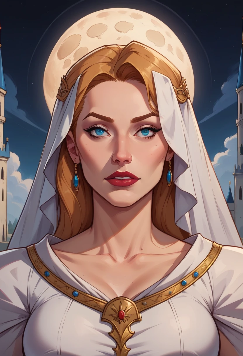 score_9, score_8_up, score_7_up, 1girl, adult, a woman with hair and a white dress is standing in front of a old castle background with full moon, lois van baarle and rossdraws, portrait of lenore from castlevania, artgerm and lois van baarle, rossdraws 2. 0, rossdraws 1. 0, rossdraws 2. 5, artgerm and rossdraws, artgerm comic, 8K image quality, Masterpiece black background with full moon, 8K image quality, Masterpiece