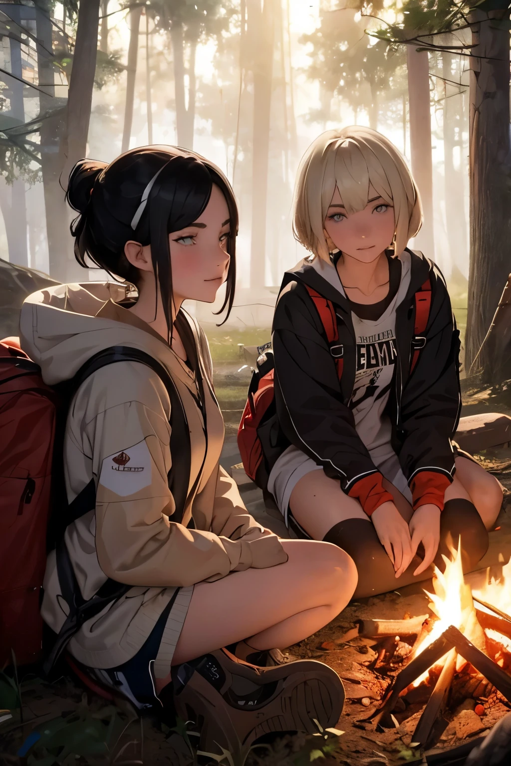 Two hot teen girls, One with blonde, short hair and the other one with black dark hair, resting by a campfire. Backpacks and weapons. Smiling. Hurt, with scars and bandages. Smiles. Tired.