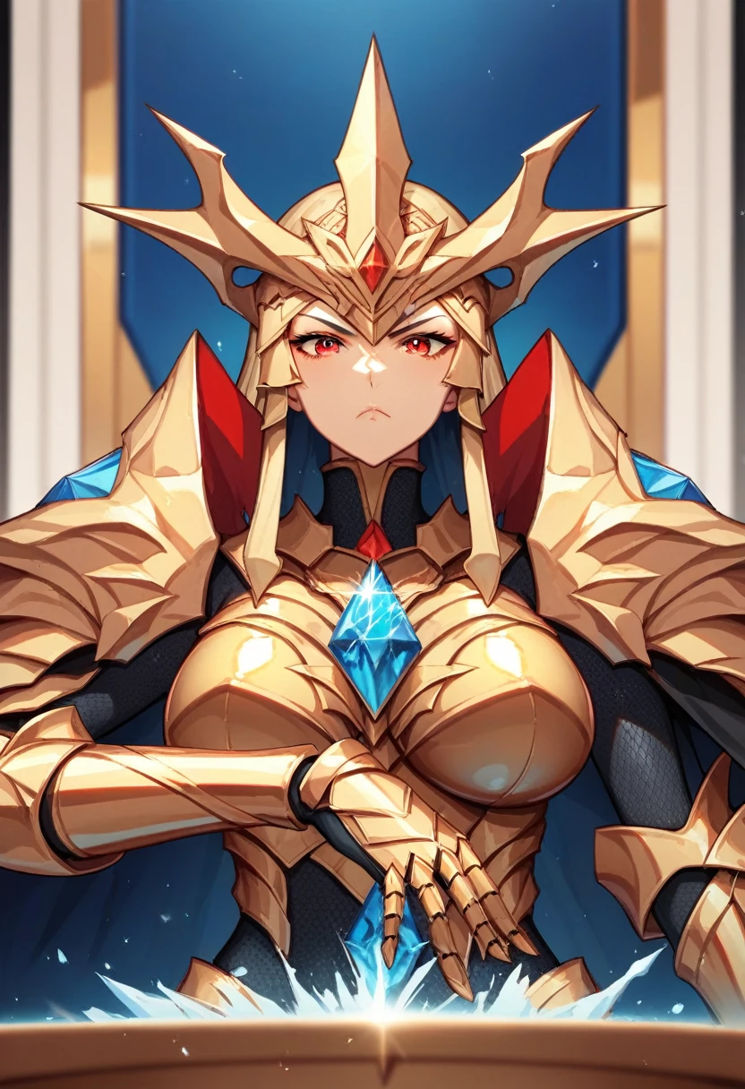 score_9, score_8_up, score_7_up, source_anime, best quality,cool great imperator girl, golden armor, red eyes in dark, large breasts, perfect body, looking,c,indoor, w,golden helment covering whole head,kyah,epic,extremely cool,darkness,dimple design,epic,sitting,cool pose,darkness,sitting on a throne,blue diamond in helment crown,big blue diamond in chestplate,serious,darkness around head,faceless,chainmail-iron armor underneath golden armor,iron, relaxed,cool,darkness, mysterious shadows and a dense, dark atmosphere,siluete,close up,badass,dyamic pose,dynami view