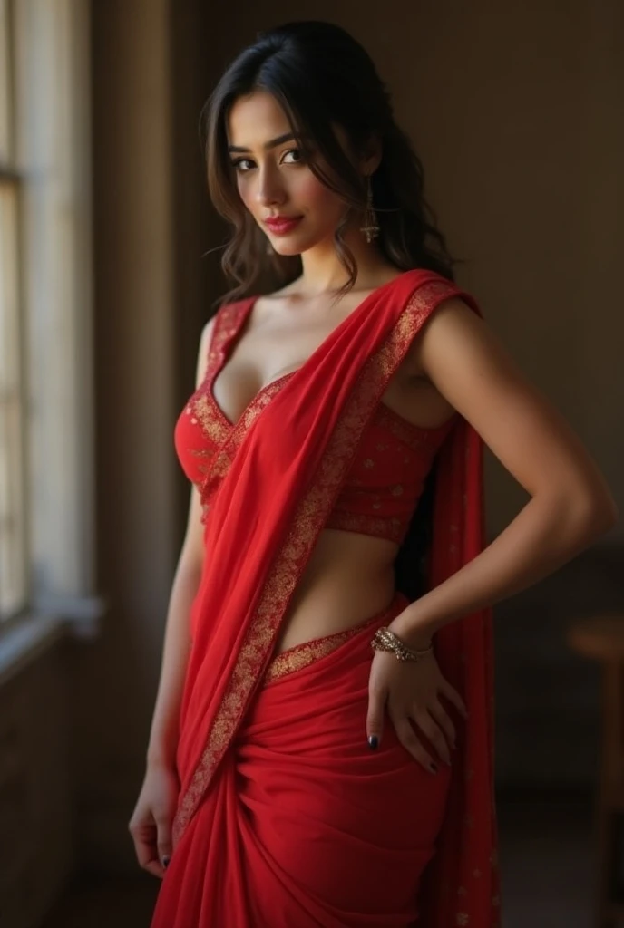 Young Indian woman, red saree, garden, detailed body, detailed face, ultra realistic, charming, cute, big hazel eyes with long curly hair, perfect fingers, ambient lighting, winter, detailed background, 8k, decent looking