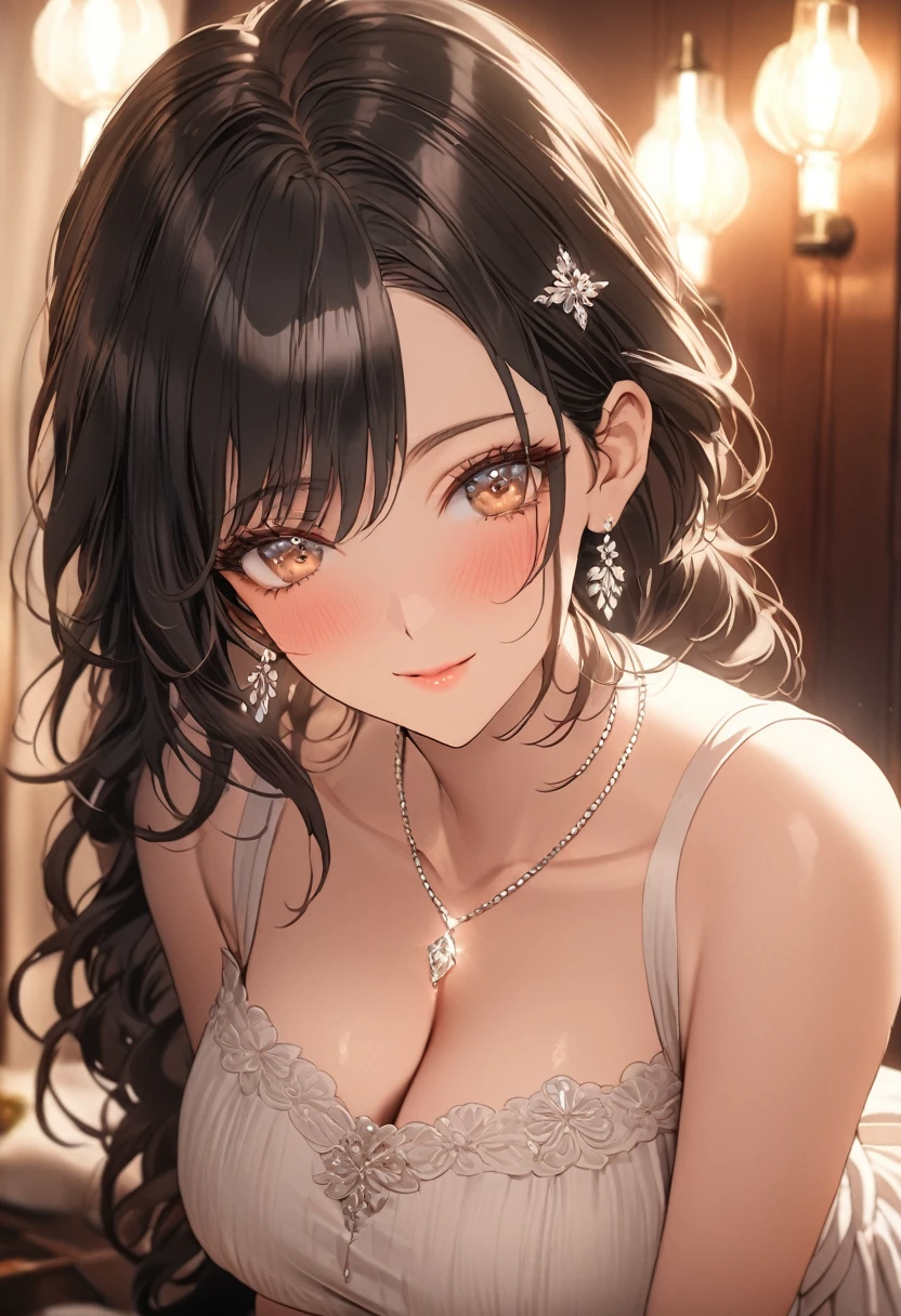 ((highest quality)), ((masterpiece)), (detailed), (one girl), sexy, height 168 and bust 120 cm, busty housewife, mature woman, black hair, a mother with warm gentle eyes, ((calm expression)) looking at viewer with gentle eyes, black sleeveless turtleneck, a delicate thin simple diamond necklace, warm environment, vintage settings, vintage light