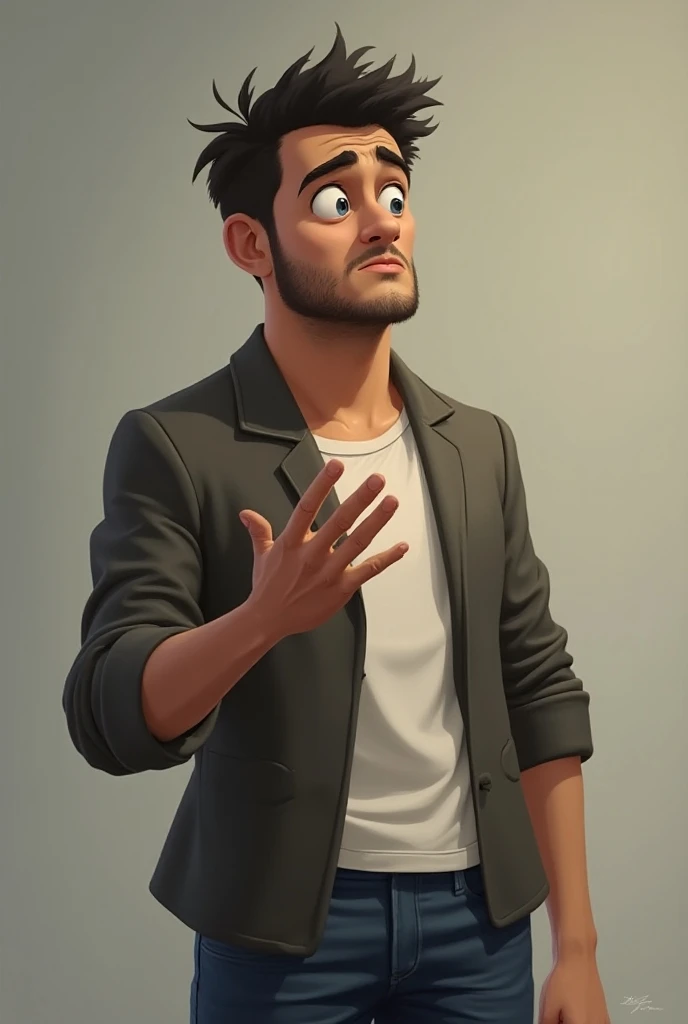 A digital portrait of a cheerful boy with curly hair, wearing a black shirt, happily singing . The character has dark skin and is depicted in a vibrant, cartoon style with a warm and inviting atmosphere. The image captures the essence of joy and energy, focusing on the boy's expressive features and dynamic pose. The artwork should emphasize the playful nature of the character, with attention to detail in the curly hair, lively expression, and the overall concept of a happy and carefree moment.
