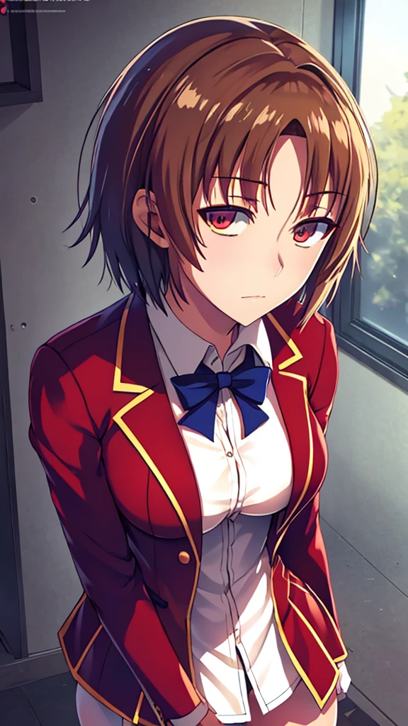 hight resolution, ultra-detailed,Slender eyes,solo,One lady,One tall woman,((spiked hair)),((parted bangs)),Long,brown haired,brown-eyed,huge tit,Uniform with red blazer and blue ribbon,white skirt,