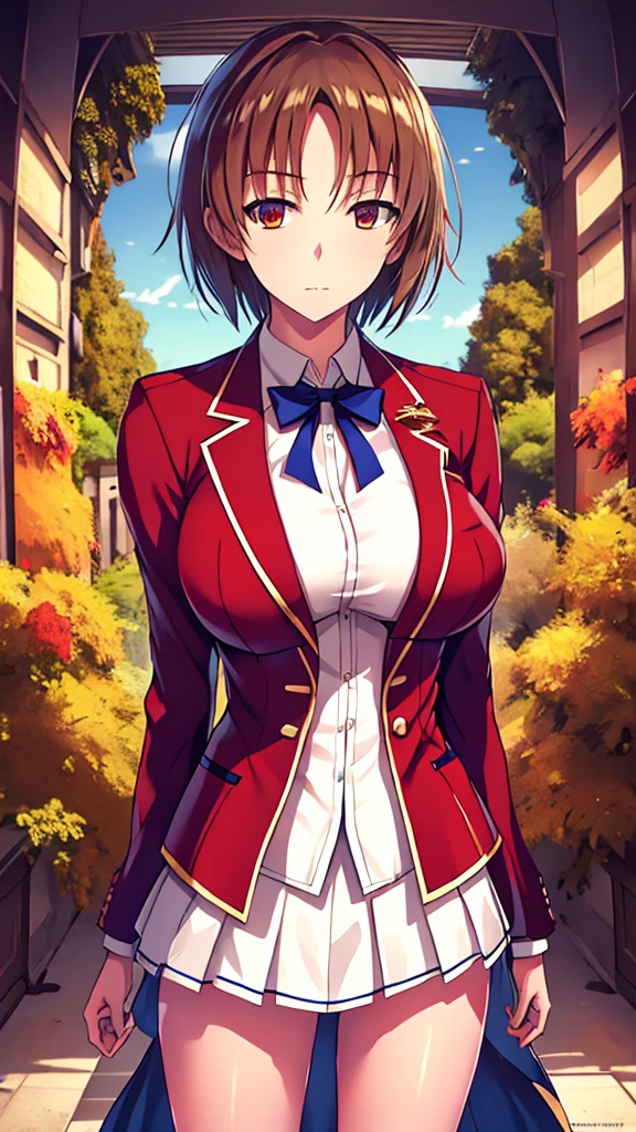 hight resolution, ultra-detailed,Slender eyes,solo,One lady,One tall woman,((spiked hair)),((parted bangs)),Long,brown haired,brown-eyed,huge tit,Uniform with red blazer and blue ribbon,white skirt,