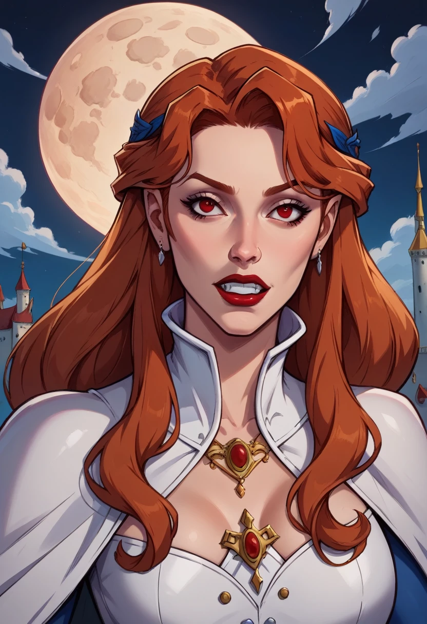 score_9, score_8_up, score_7_up, 1girl, adult, a woman with hair and a white dress is standing in front of a old castle background with full moon, lois van baarle and rossdraws, portrait of lenore from castlevania, red hair, red eyes, Vampire Teeth, artgerm and lois van baarle, rossdraws 2. 0, rossdraws 1. 0, rossdraws 2. 5, artgerm and rossdraws, artgerm comic, 8K image quality, Masterpiece black background with full moon, 8K image quality, Masterpiece