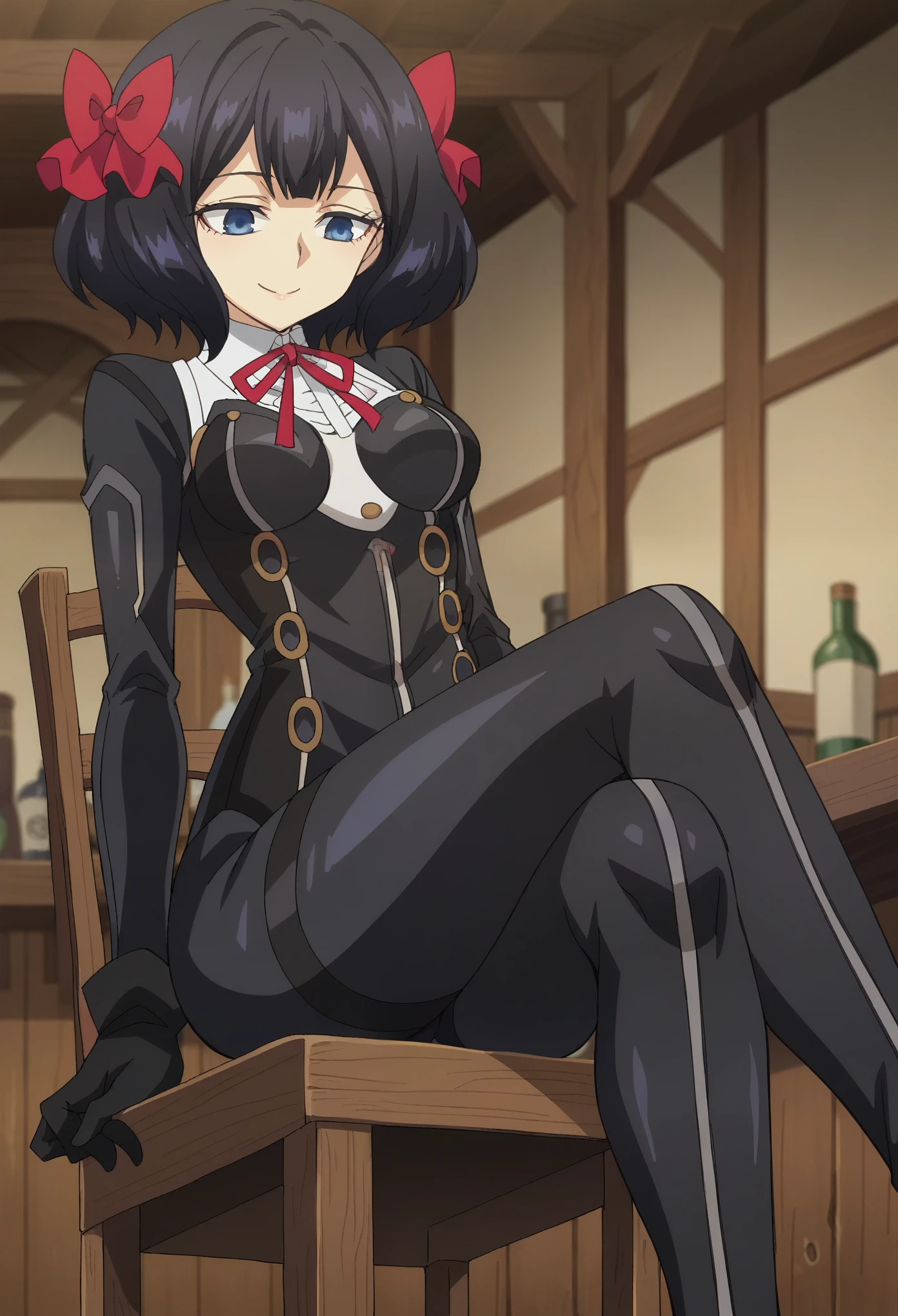 score_7_up, anime screencap, TinoShade, 1girl, solo, medium breasts, medium hair, black hair, blue eyes, hair bow, red bow, neck ribbon, red ribbon, dollsuit,black pantyhose, thigh gap, void eyes,emotionless, dark persona,indoors, tavern, sit on chair, cross legs, smile, half-closed eyes, bottom view
