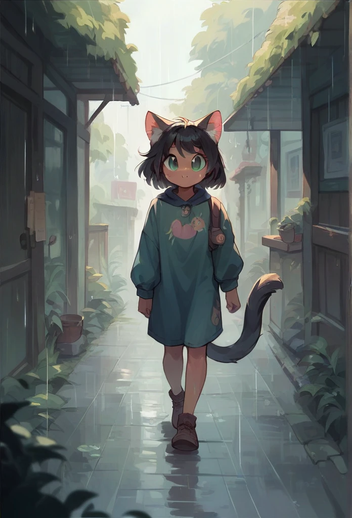 
(1 girl) Catgirl walking caressly plaing in the rain
Cute