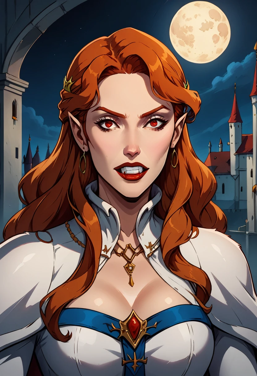 score_9, score_8_up, score_7_up, 1girl, adult, a woman with hair and a white dress is standing in front of a old castle background with full moon, lois van baarle and rossdraws, portrait of L3N0R3 from castlevania, red hair, red eyes, Vampire Teeth, artgerm and lois van baarle, rossdraws 2. 0, rossdraws 1. 0, rossdraws 2. 5, artgerm and rossdraws, artgerm comic, 8K image quality, Masterpiece black background with full moon, 8K image quality, Masterpiece