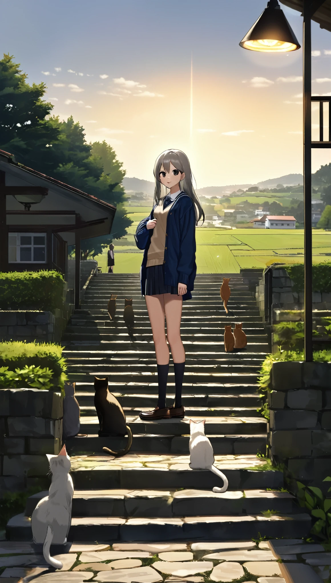((( cat on the stone steps )))、 Best Quality 、masterpiece、 perfect anatomy、 girl, On the way to school, Chat with friends, stand, School Area, Countryside, landscape, Round Glass, cardigan, ( sleeves are longer than wrists ), Strong Loafers, longer than dark gray hair , Straight slit , Beautiful dark eyes , black knee socks , Movie Lighting, upper body, :3, School Area, Rural School