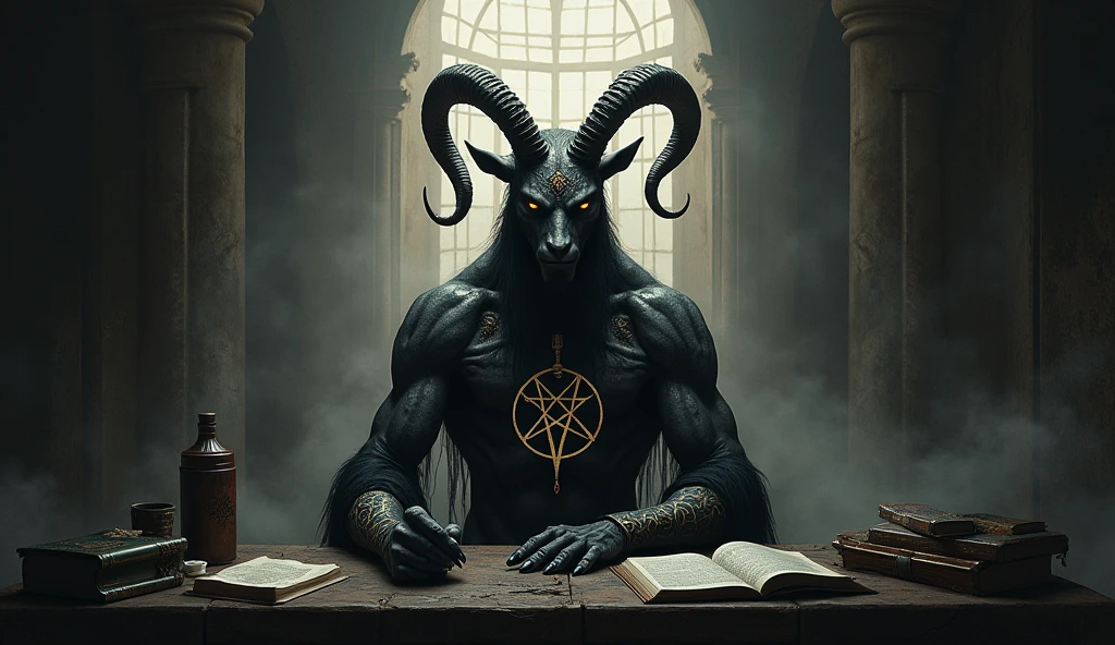 Baphomet Ruling the Worlds, Baphomet pulls his right hand forward, points back with his left hand;, Baphomet on the background of a large occult pentagram, High image detail, Baphomet's piercing gaze into the very soul, Gloomy image, Smoke & depth