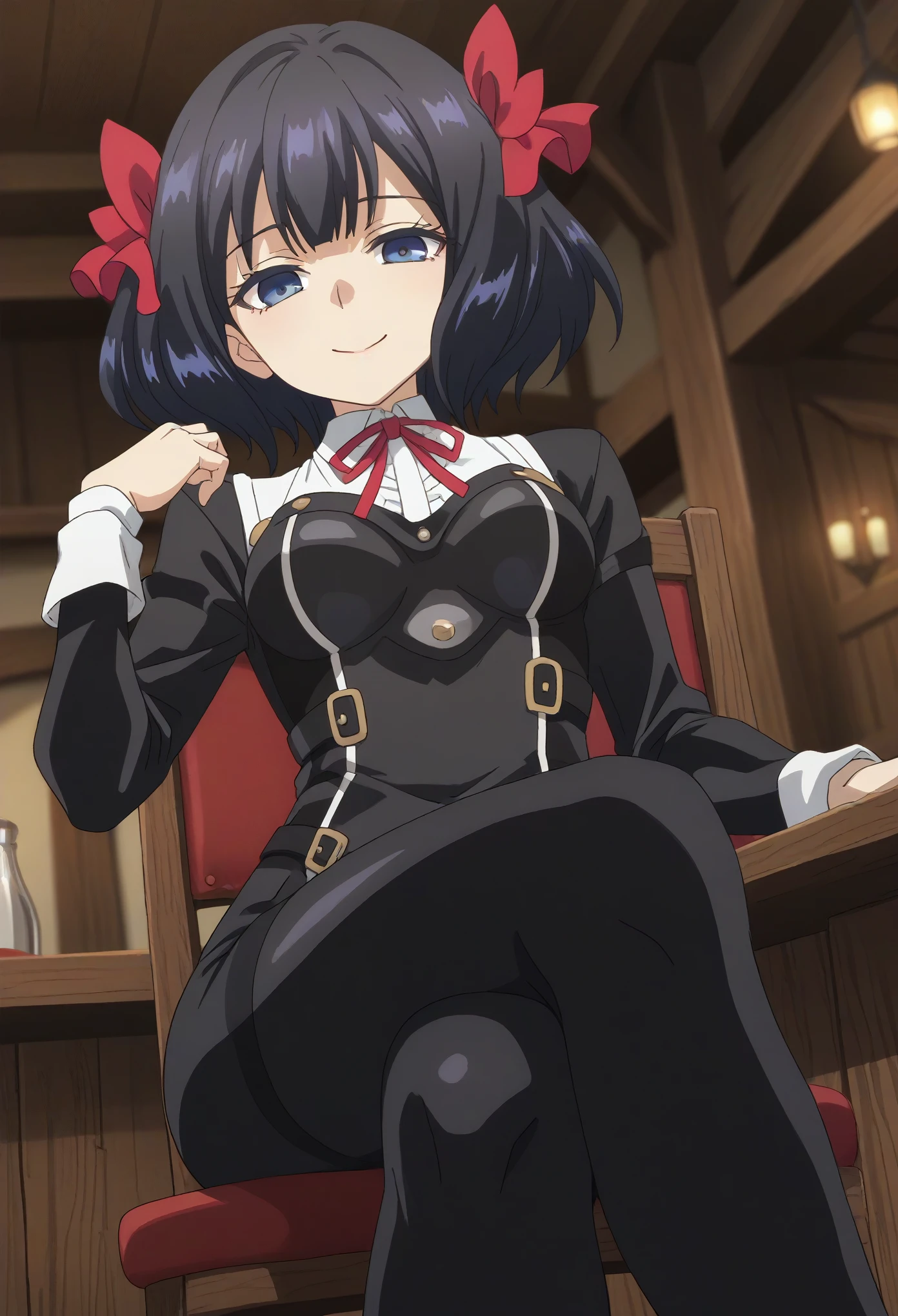 score_7_up, anime screencap, TinoShade, 1girl, solo, medium breasts, medium hair, black hair, blue eyes, hair bow, red bow, neck ribbon, red ribbon, dollsuit,black pantyhose, thigh gap, void eyes,emotionless, dark persona,indoors, tavern, sit on chair, cross legs, smile, half-closed eyes, bottom view
