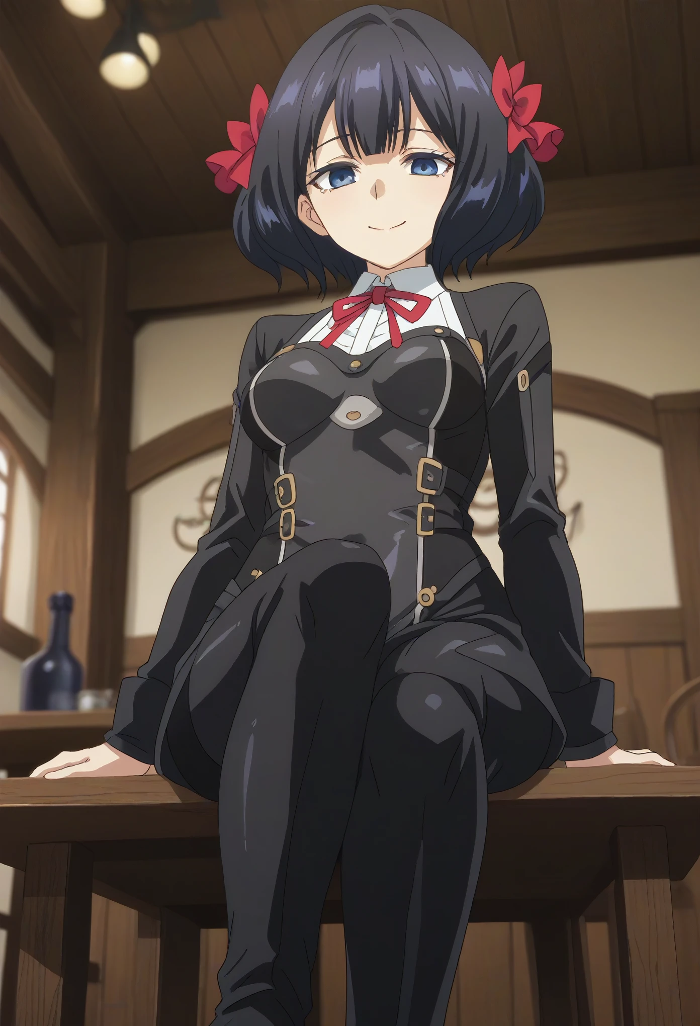 score_7_up, anime screencap, TinoShade, 1girl, solo, medium breasts, medium hair, black hair, blue eyes, hair bow, red bow, neck ribbon, red ribbon, dollsuit,black pantyhose, thigh gap, void eyes,emotionless, dark persona,indoors, tavern, sit on chair, cross legs, smile, half-closed eyes, bottom view
