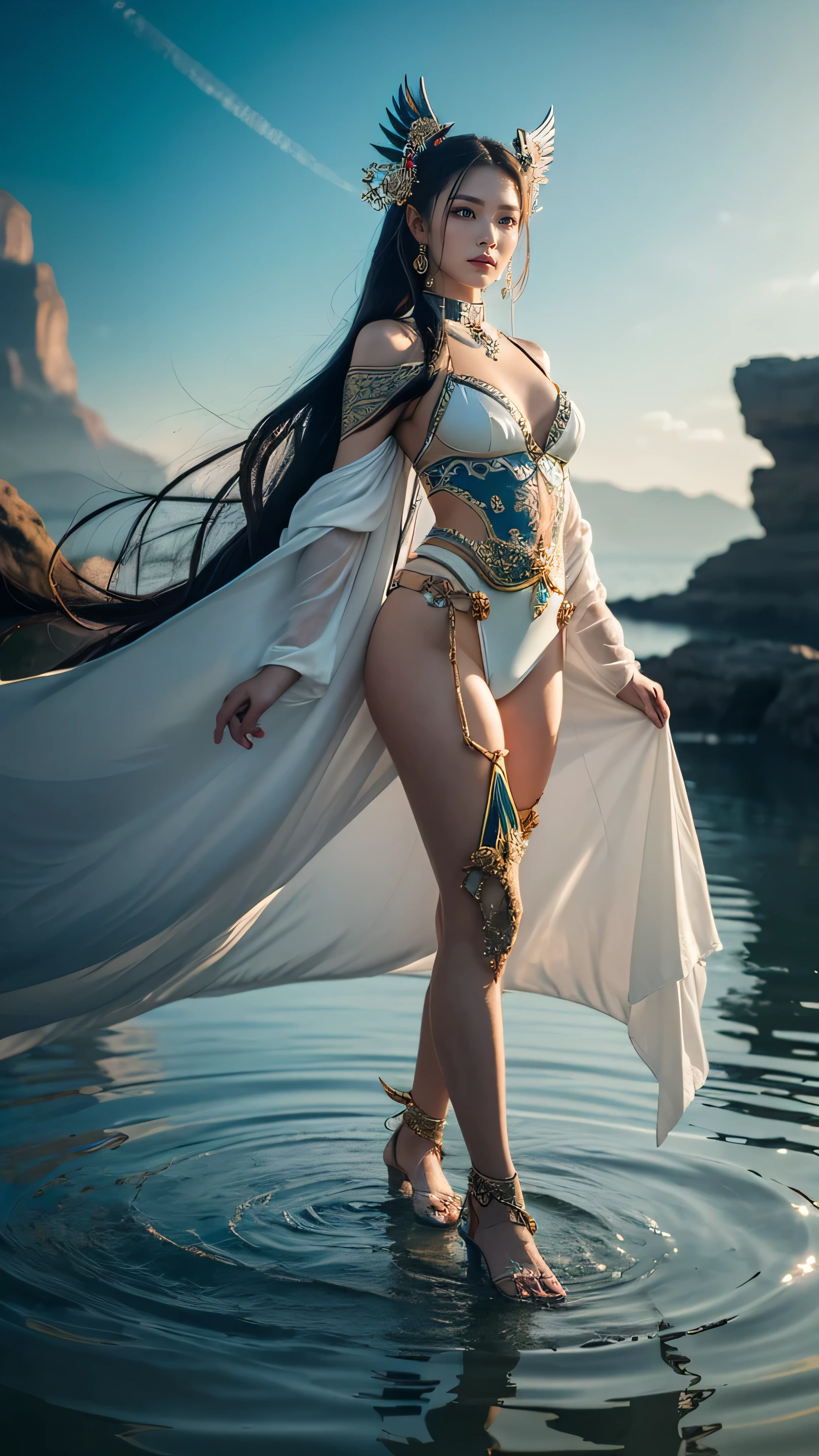 (k hd，filigree)，Beautiful beach view，Fine sandy beach，Brightly colored seawater，Green coconut trees，Under the tree there is a graceful woman，cabelos preto e longos，Delicate figure，white dresses，Blue waves，White seagull，The atmosphere of the South Sea Seaside。 --auto