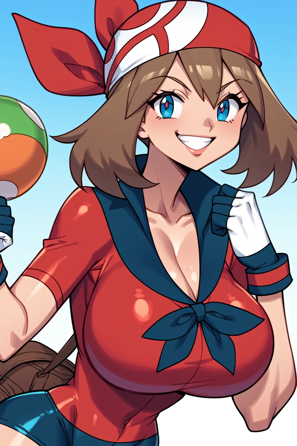 score_9, score_8_up, score_7_up, BREAK, anime style, MayPXL, blue eyes, brown hair, short hair, red bandana, red shirt, short sleeves, gloves, black shorts, torso, smug smile, gigantic bust, toned, strong, bimbo body, 