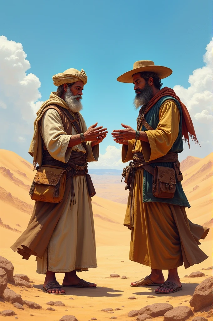 Could you create for me a picture of two handsome men outside a mud house talking?