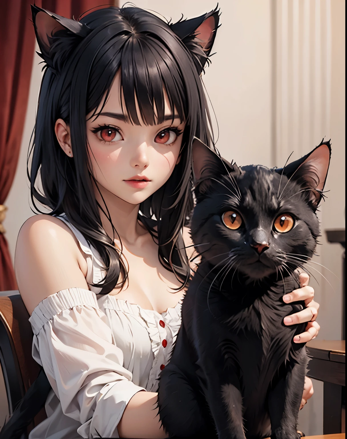 ( The best quality,  masterpiece ), ( Beautiful and aesthetic:1.2),  vibrant colors throughout your personality,   onahole without legs ,  onahole without arms ,( Headless hole :1.4),  flesh in an extremely detailed hole,  more detailed, centered, RAW Photo,  DSLR camera , Foto-realista,  photorealistic , black hair, cat ears, fringe, cat ears, red eyes