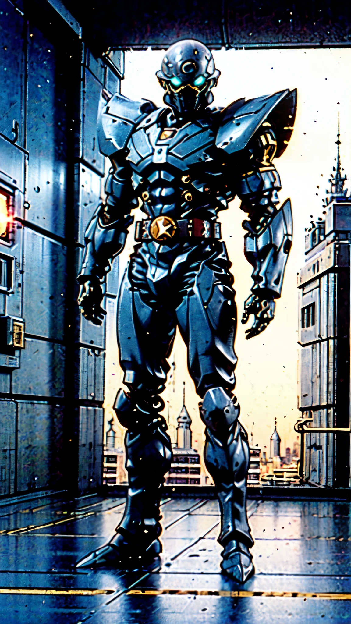 (masterpiece:1.5, best quality:1.5, extremely delicate:1.5), ((male:1.5)), a man wearing a full-face helmet, green eyes, fantasy-style high-tech biomimetic armored combat suit, (a composite layered chest armor), the design balances heavy with agility, fully enclosed shoulder guards, matching arm and leg guards, a belt of gemstone, (the color scheme is primarily Blue and Red with Black accents, Organic Biotech, Concept Inspired by superhero, glowing eyes, armor glows, stand of a futuristic sci-fi city), this character embodies a finely crafted fantasy-style armored hero in anime style, exquisite and mature art style, metallic, high definition, highres, ultra-detailed, ultra-fine painting, professional, perfect body proportions, golden ratio, anatomically correct, symmetrical face, extremely detailed eyes and face, high quality eyes, creativity, RAW photo, UHD, 32k, Natural light, cinematic lighting, masterpiece-anatomy-perfect