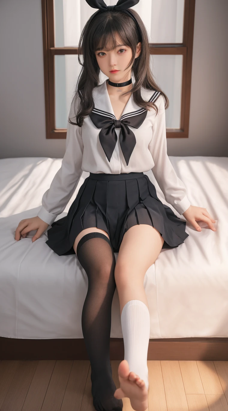 ((panty shot:1.5)) ((big breasts:1.2))  ((on the bed:1.2)) ((sleeping:1.5)) ((dark blue mini skirt:1.2)) ((close-up:1.2)) best quality,masterpiece,ultra high res,(photorealistic:1.4),raw photo,(Authentic skin texture:1.3),(film grain:1.3),panorama,character portrait,very wide shot,narrow waist,cowboy shot,(in the dark, deep shadow, low key, cold light,) night,(()),streaming tears,,dust,Tyndall effect,(expression),1girl,beautiful detailed eyes and face,white jabot,brown eyes,((salor school uniforms:1.3)) ((stylish bedroom:1.4)) ((brown hair:1.2)) ((long hair))　((half french and half korean:1.3)) ((in my house:1.2)) ((open legs:1.3))