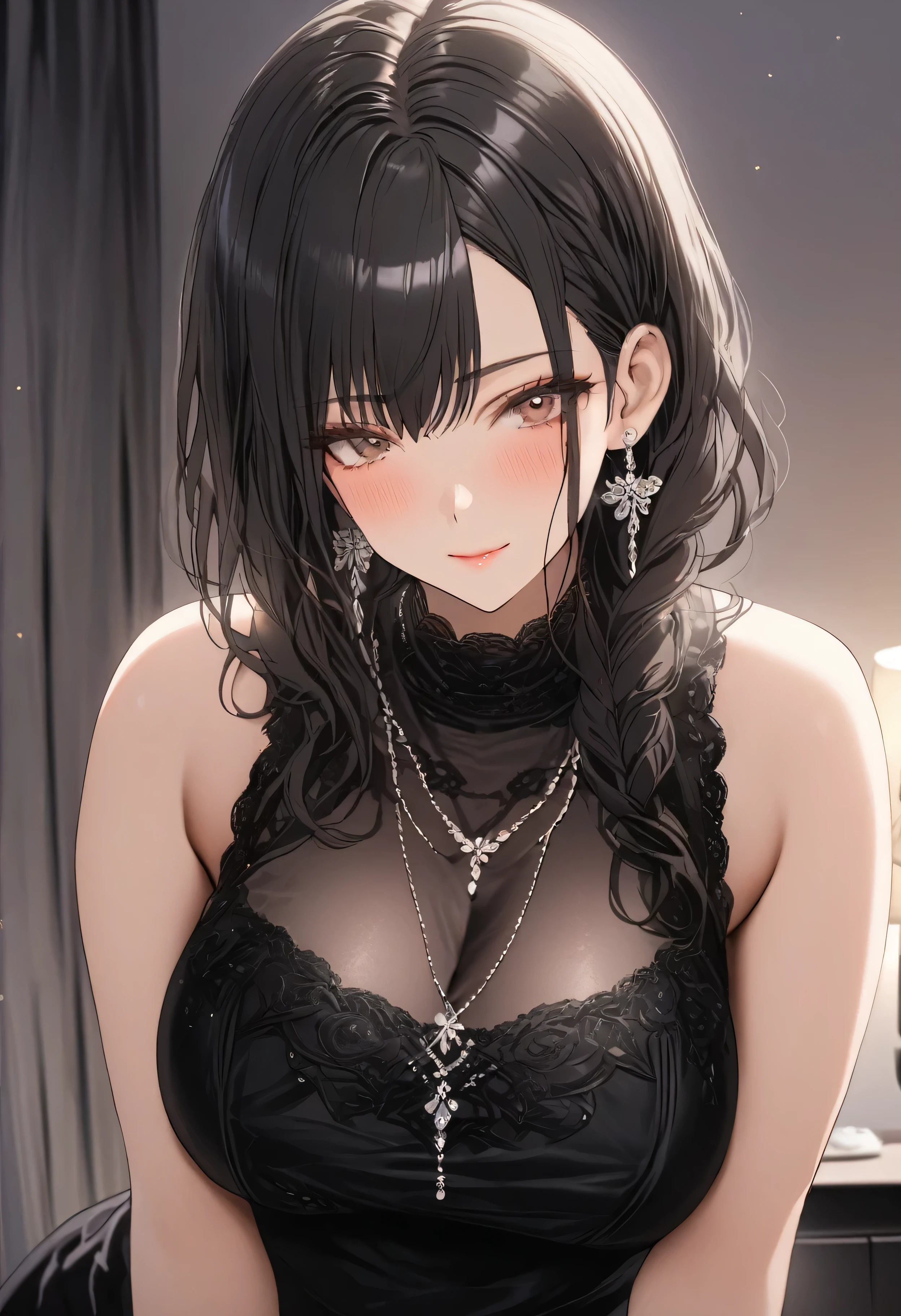 ((highest quality)), ((masterpiece)), (detailed), (one girl), sexy, height 168 and bust 120 cm, busty housewife, mature woman, black hair braided, a mother with warm gentle eyes, ((calm expression)) looking at viewer with gentle eyes, black sleeveless turtleneck, a delicate thin simple diamond necklace, back ground is overcast sky