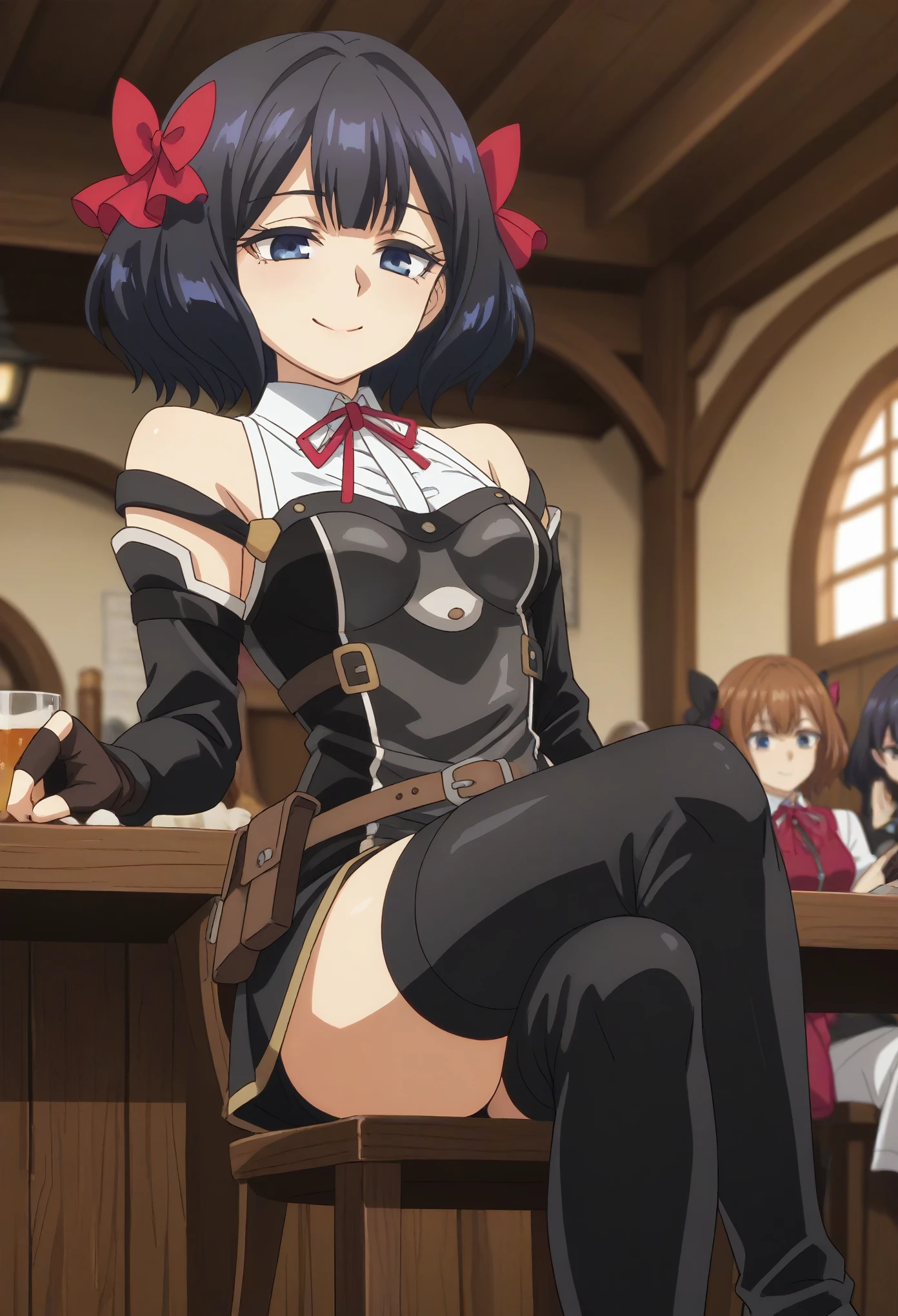 score_7_up, anime screencap,TinoShade medium hair, black hair, blue eyes, hair bow, red bow white shirt, collared shirt, neck ribbon, red ribbon, harness, grey dress, black dress, detached sleeves, brown gloves, fingerless gloves, brown belt, belt pouch, black thighhighs, tavern, sit on chair, cross legs, smile, half-closed eyes, bottom view
