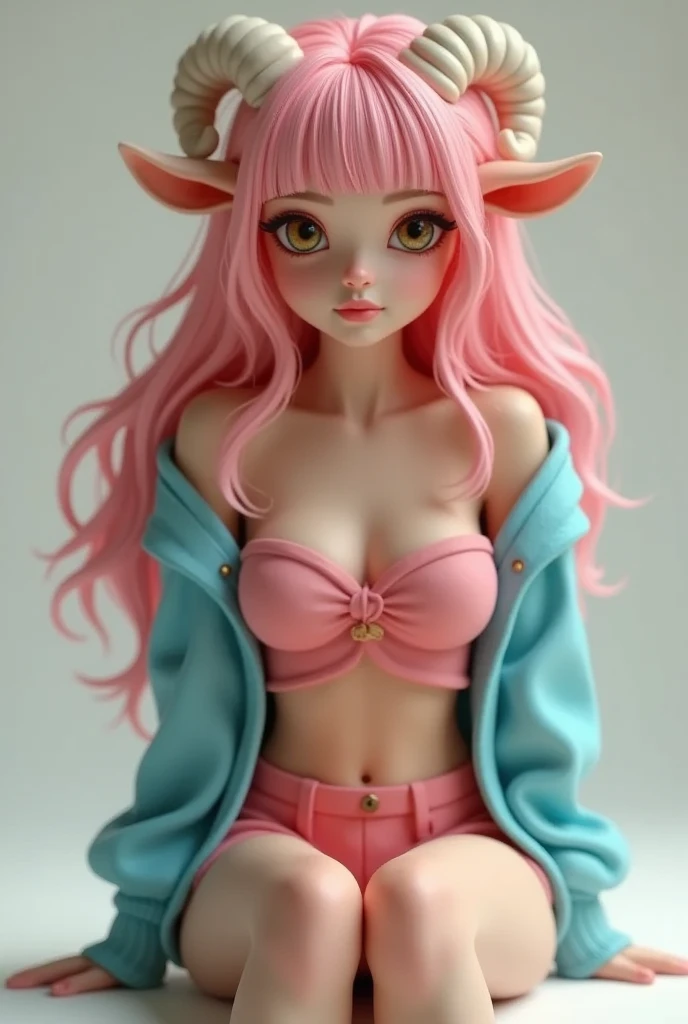 Super realistic illustration, Cinema 4D rendering, 1 lady, solo, full body, smile, pink long hair, fluffy hair, bangs, brown eyes, beautiful eyes, Thick eyebrows, drooping sheep ears, Cute spiral Horns of Ammon, Sky blue cardigan over pink dress, breasts, Cleavage, brown short boots, simple background