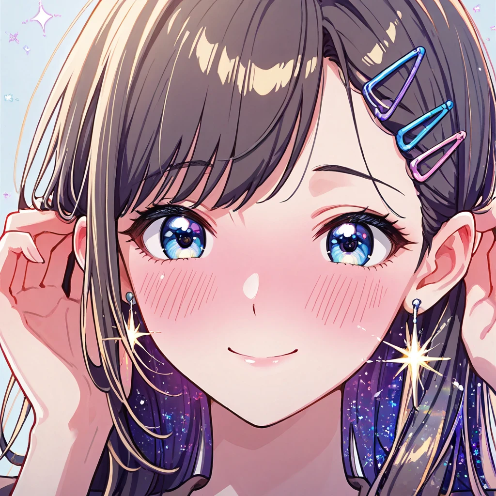  1 girl, solo, Long Hair,  turn your gaze ,  earrings for a woman alone, 最 high quality,  high detail,  high quality, Hide your ears,  Blushing , smile,  hair clips,  glitter effect,  illustration, 