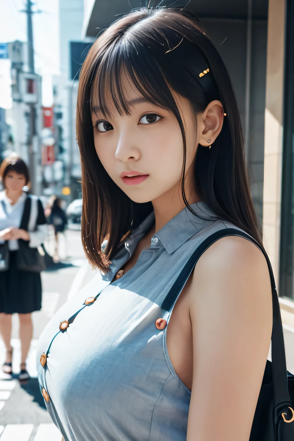 from front, from side, upper body, breasts focus, close-up, 1girl, button gap, (flying button:1.5), hands_up, large breasts, impossible clothes, unbuttoned Frill Blouse, full-face blush, surprised, flabbergasted, open mouth, round face, outdoor, in tokyo, street, sunlight, depth of field, masterpiece, high quality, best quality, beautiful, hd, perfect lighting, detailed face, detailed body, masterpiece, best quality, intricate details, 8k uhd, perfect face, perfect eyes