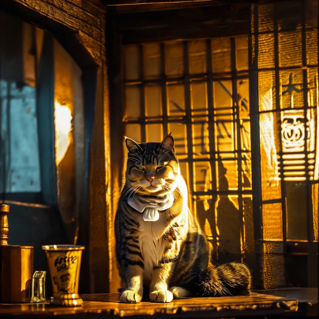 Sitting at the bar counter、 Hardboiled cat with a glass of whiskey in front of it 。A thick cigarette in its mouth 、 with one eye squinting and looking around coldly 。 The background is an old bar interior 、 An antique atmosphere illuminated by a pale yellow light。 Art style with sharp lines and shadows emphasized 。