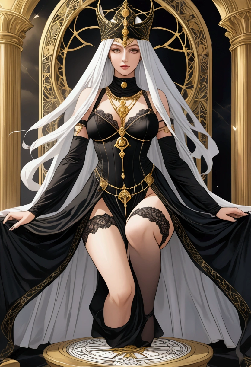 beautiful detailed girl, wearing sexy long black sling bikini and long transparent coat, white hair, slender, Youthful expression, large breast, massive cleavage exposed, huge buttock, sitting on the throne arrogantly, precise front angle