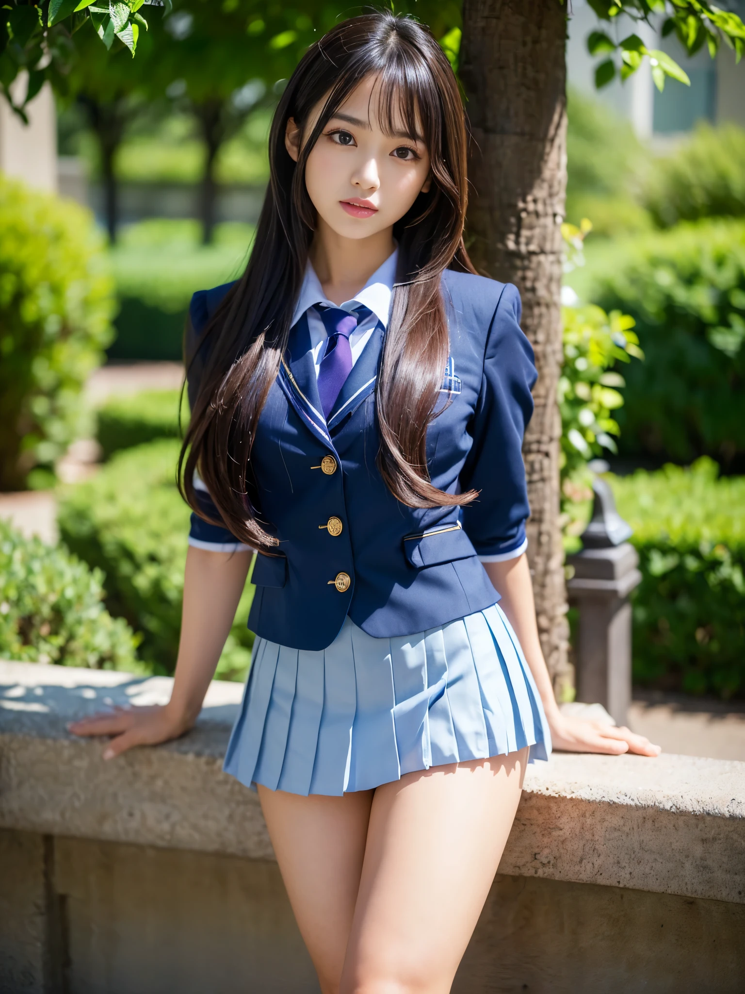 (Girl Standing On School Steps),1 girl, dark blue hair, bangs, long hair, sparkling eyes, long eyelashes, compensate, light smile, Depth of written boundary, one person&#39;perspective, close, from below, wide angle, f/1.8, 135mm, canon, nffsw, retina, table top, Accurate, anatomically correct, rough skin, Super detailed, advanced details, high quality, 最high quality, High resolution, 1080P, 4K, 8K,(学校の階段を上るFemale student),46ポイントの斜めbangs,Female student、((uniform: White blazer with emblem on the chest))、translucent white blouse、(red bow tie)、（( In bright colors,Check stripe)（）、laughter,((Skirt soars in the wind)),((White lace panties are visible)),(smile)